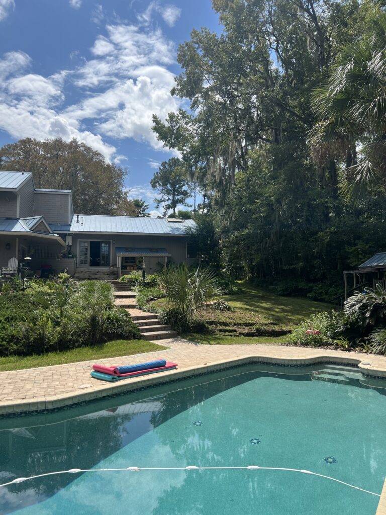 After tree removal, a poolside backyard with a rectangular swimming pool, deck, and stacked pool noodles near the edge; a grey house with a metal roof in the background.