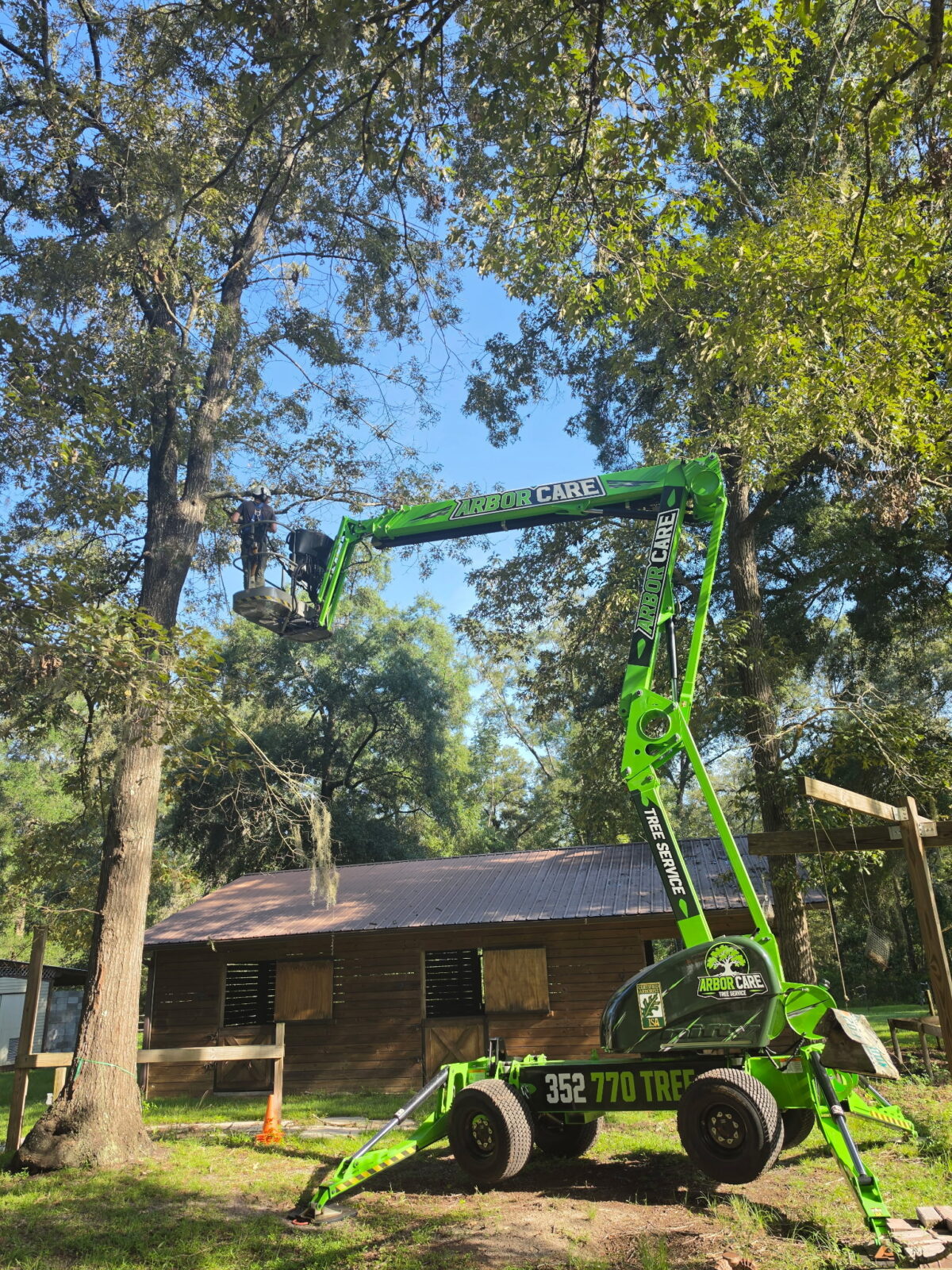 Arbor Care Tree Service arborist working from a towable lift basket in a large live oak above a barn in North Central Florida